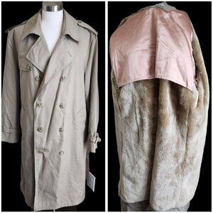 Oleg Cassini Trench Coat Men's 42 Beige Fleece  Double Breasted Long Winter Wear